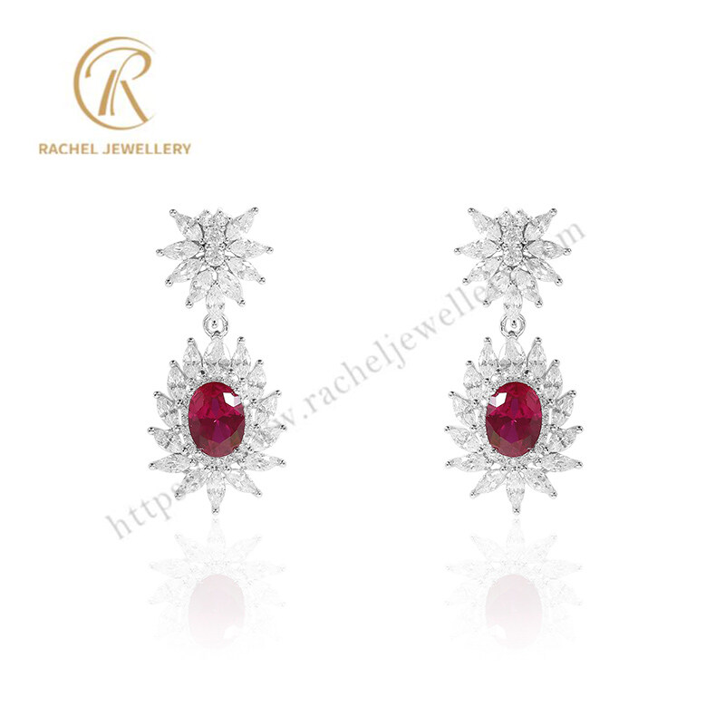 Rachel Hot Style Ruby Oval Flower Silver Earring For Women