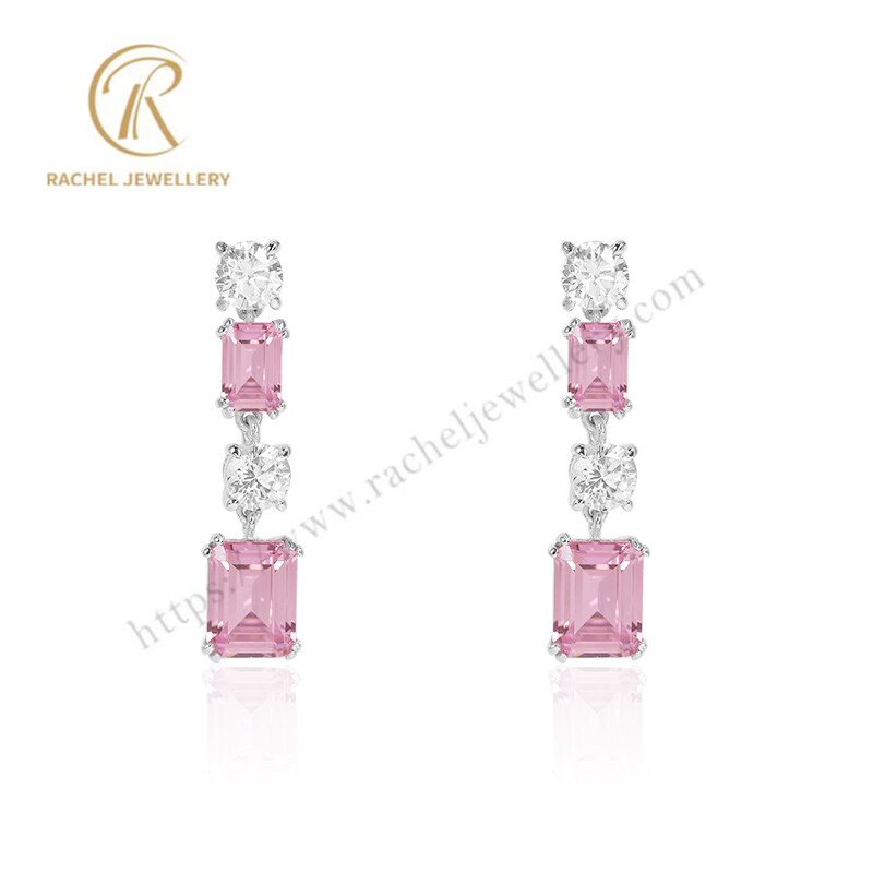 2023 New Collection Pink Emerald Cut Stone Silver Earrings