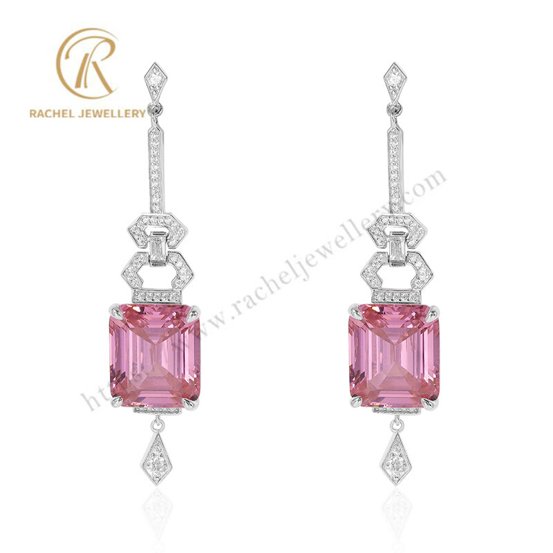 Rachel Luxury Court Style Pink Emerald Cutting CZ 925 Silver Earrings