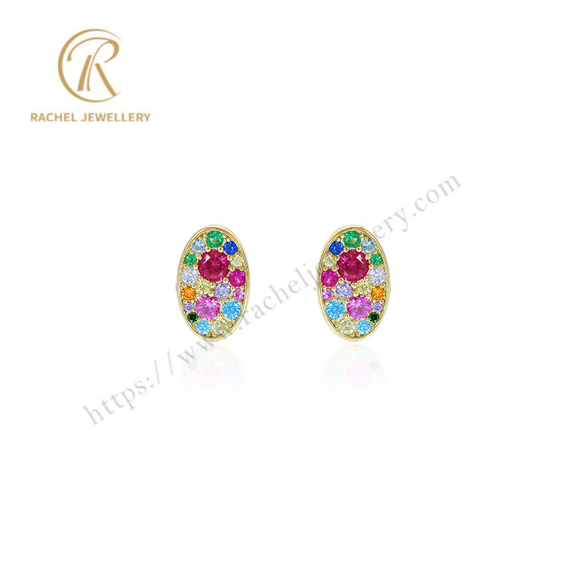 2023 Rachel New Cute Oval Colorful CZ Silver Earrings Stud