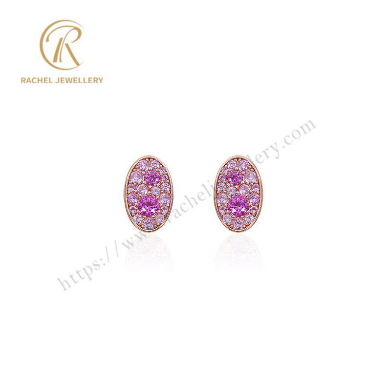 2023 Rachel New Cute Oval Romantic Pink CZ Silver Earrings Stud
