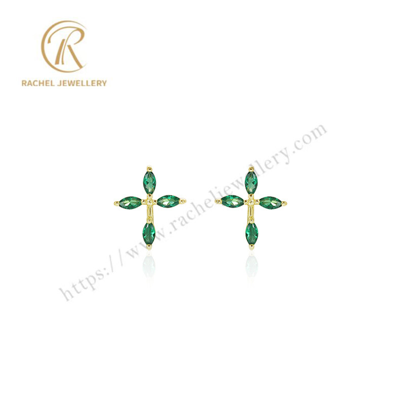 Rachel Jewellery Imaginative Green Marquise Cross Design Silver Earrings