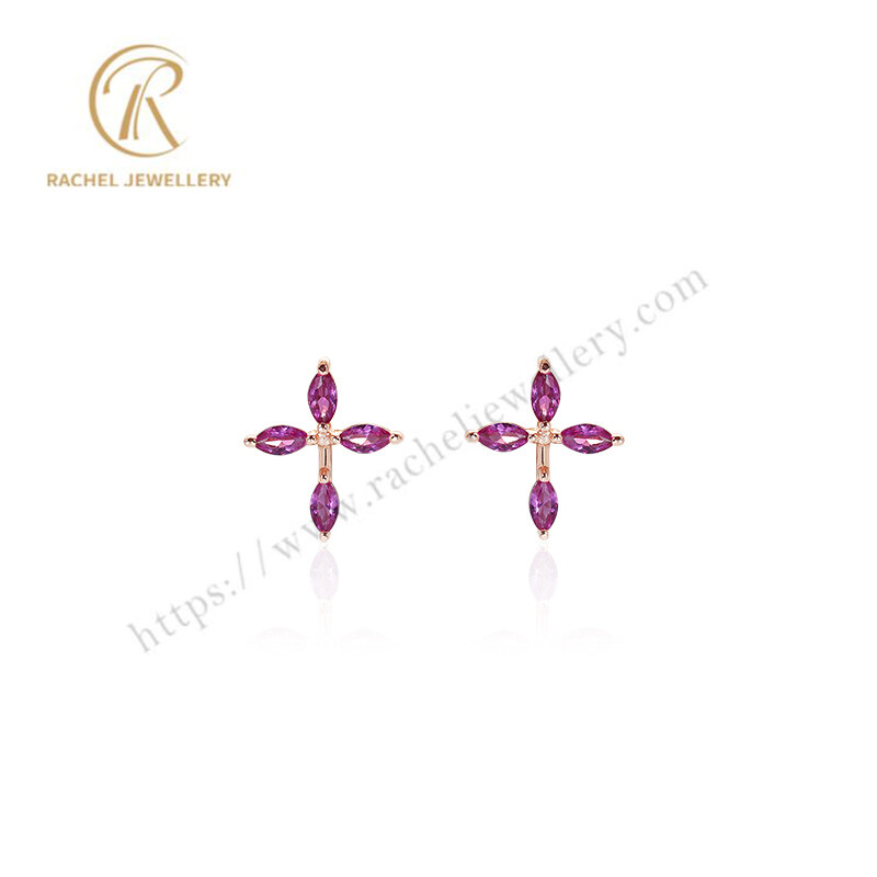 Rachel Jewellery Imaginative Pink Marquise Cross Design Silver Earrings