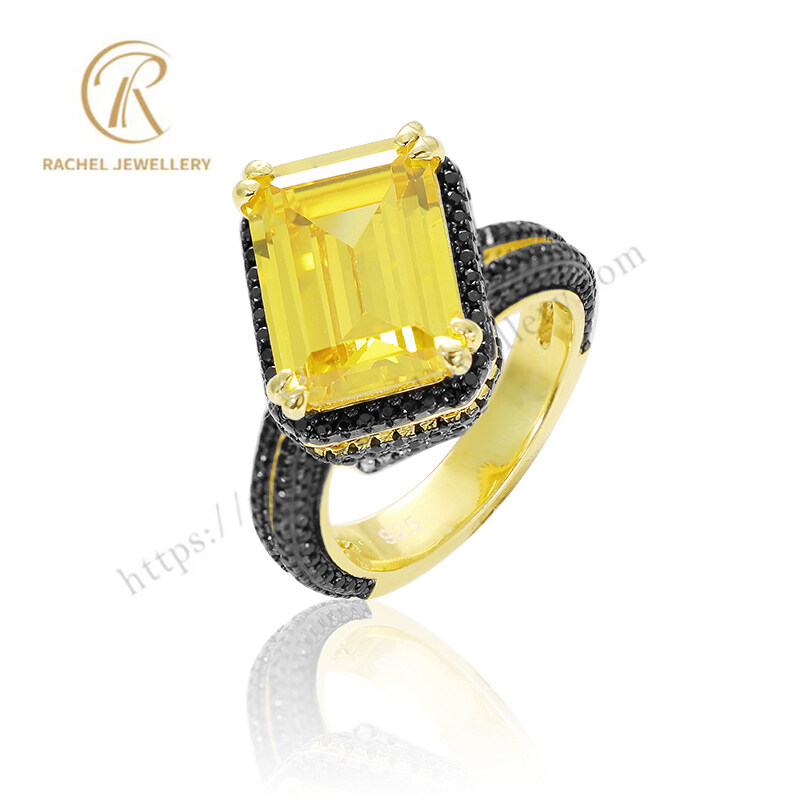 Two-tone Plated 925 Sterling Silver Pave CZ Zirconia Yellow Gemstone Ring