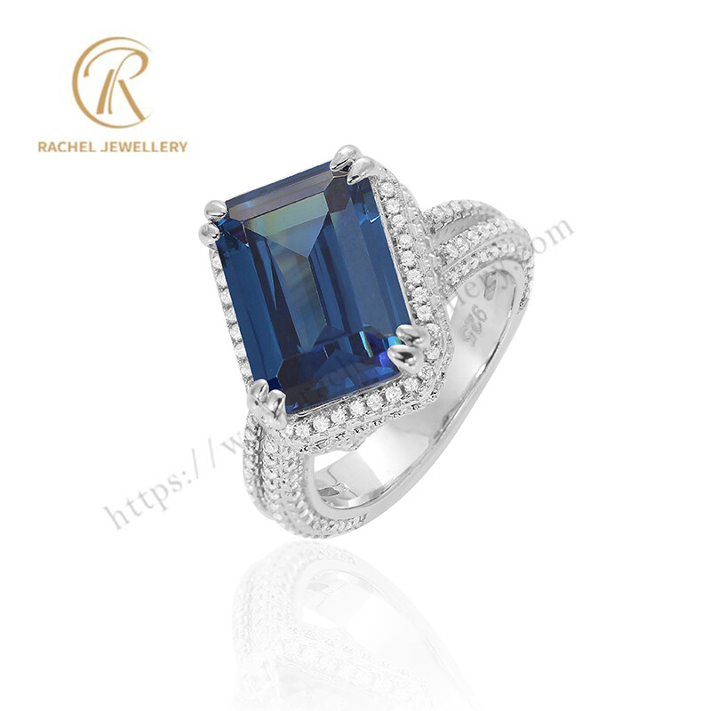 Rhodium Plated 925 Sterling Silver CZ Sapphire Gemstone Ring
