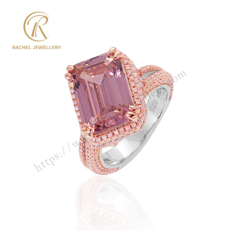 Rose Gold Plated Big Pink Stone CZ 925 Silver Ring