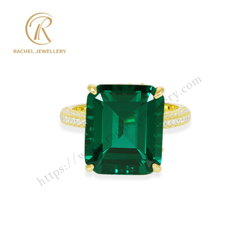 Yellow Gold Plated Emerald Luxury Silver Ring for Women