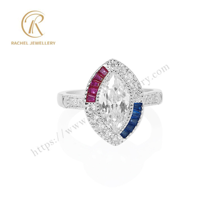 Hot Ruby Blue CZ Marquise Shape Silver Jewelry 925 Ring