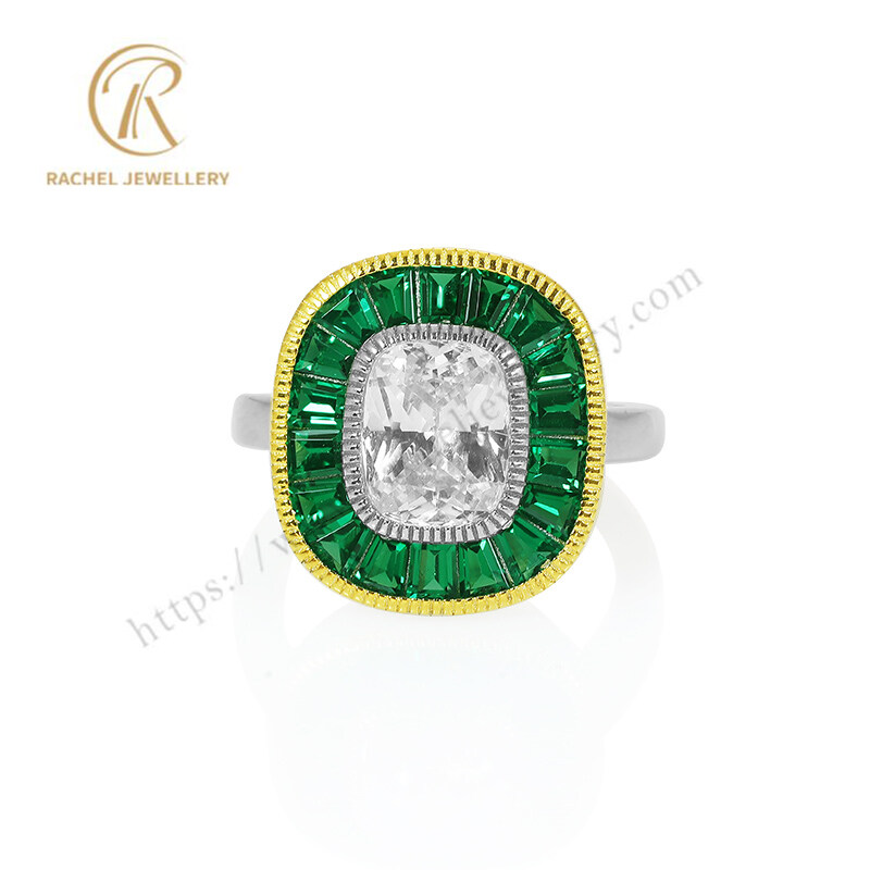 Two Tone Plated AAA Cushion White CZ BAG Green Silver Ring