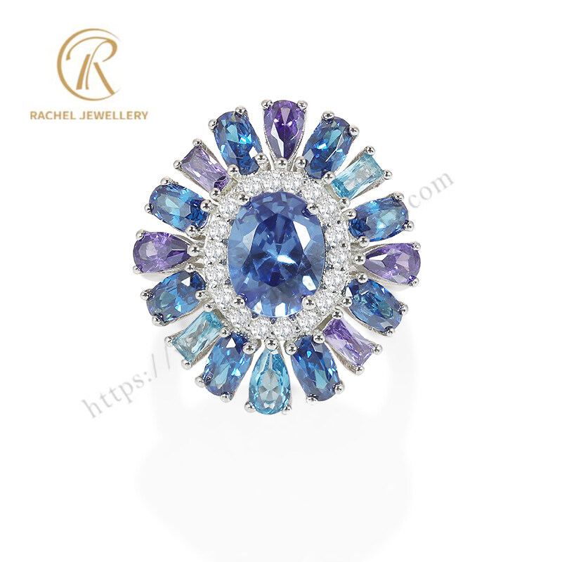 Blue Violet White CZ Flower Design 925 Silver Jewellery Ring