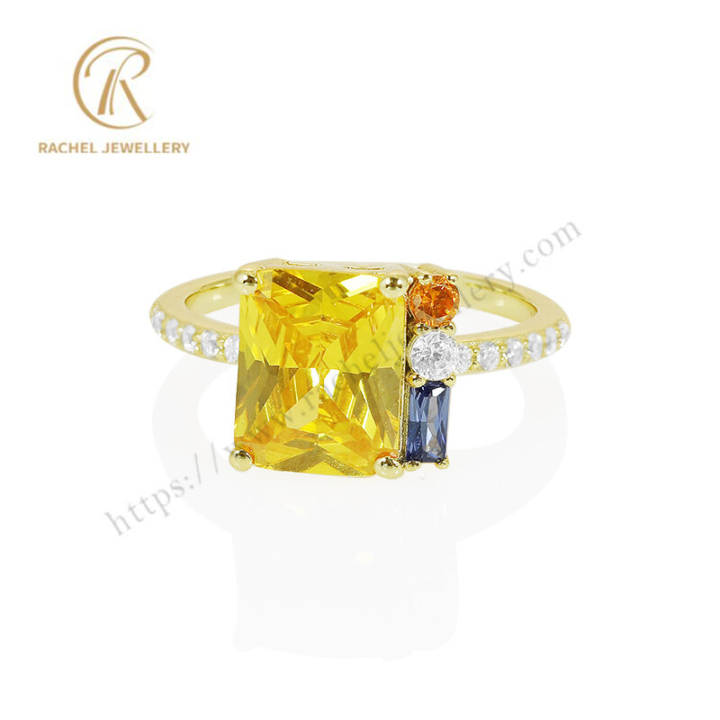 Square Yellow Zircon with small CZ Jewellery 925 Silver Ring