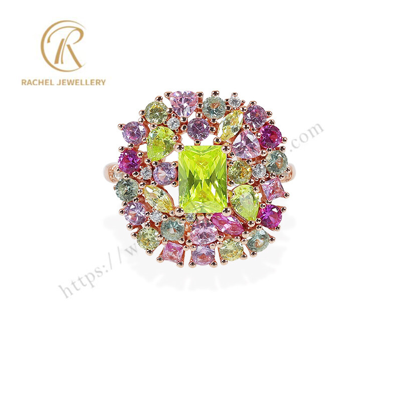 Apple Green Colorful Mixed Zircons Fashion Wholesale Silver Ring