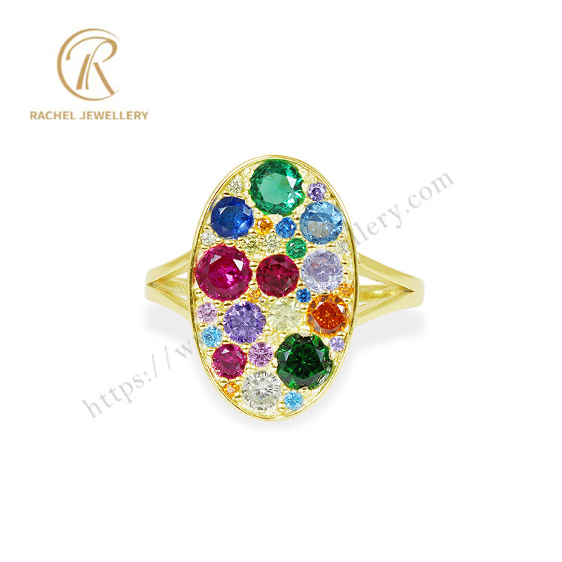 Colorful Oval Brilliant Yellow Gold Plated 925 Silver Ring