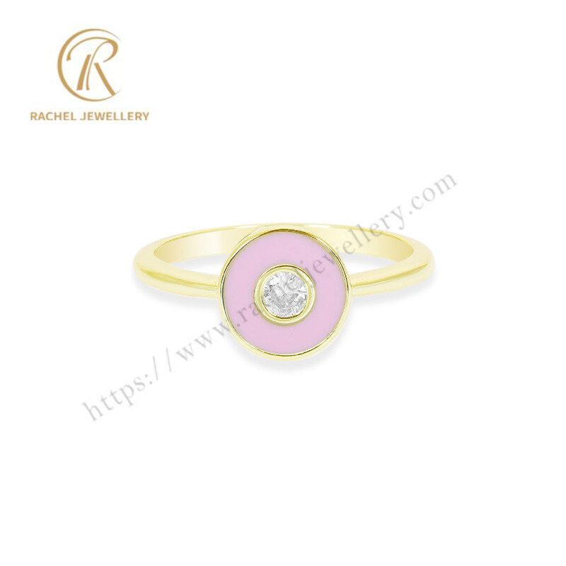 Round CZ Enamel Pink Custom Color High Level 925 Silver Ring