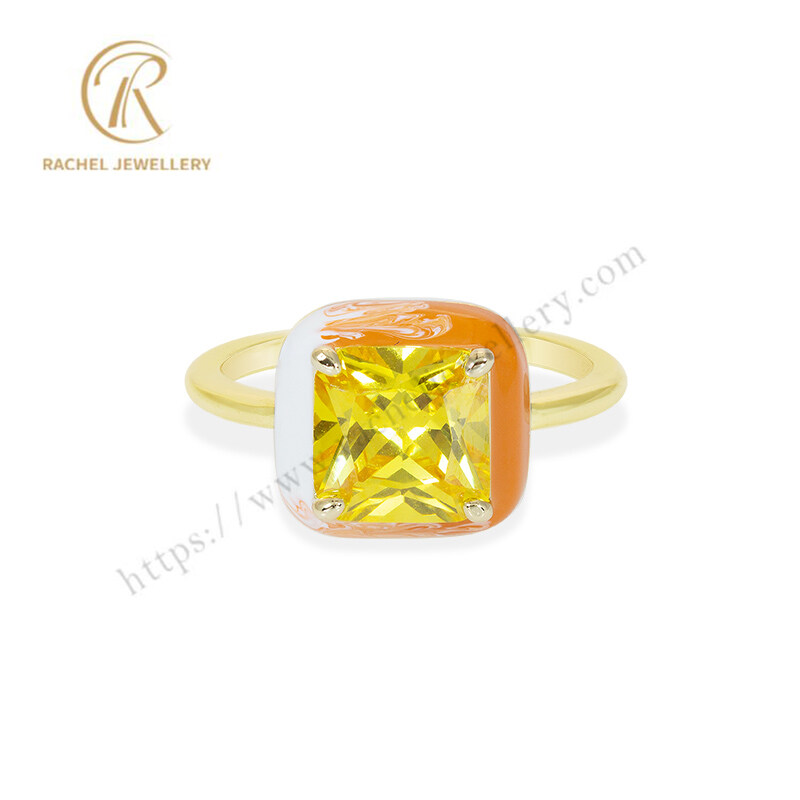 Yellow Gold CZ White Orange Enamel Color Silver 925 Ring