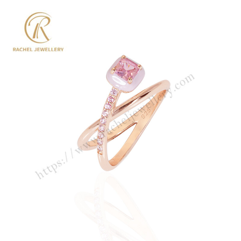 Pink Zircon Pink Enamel Fashion Jewelry 925 Silver Ring
