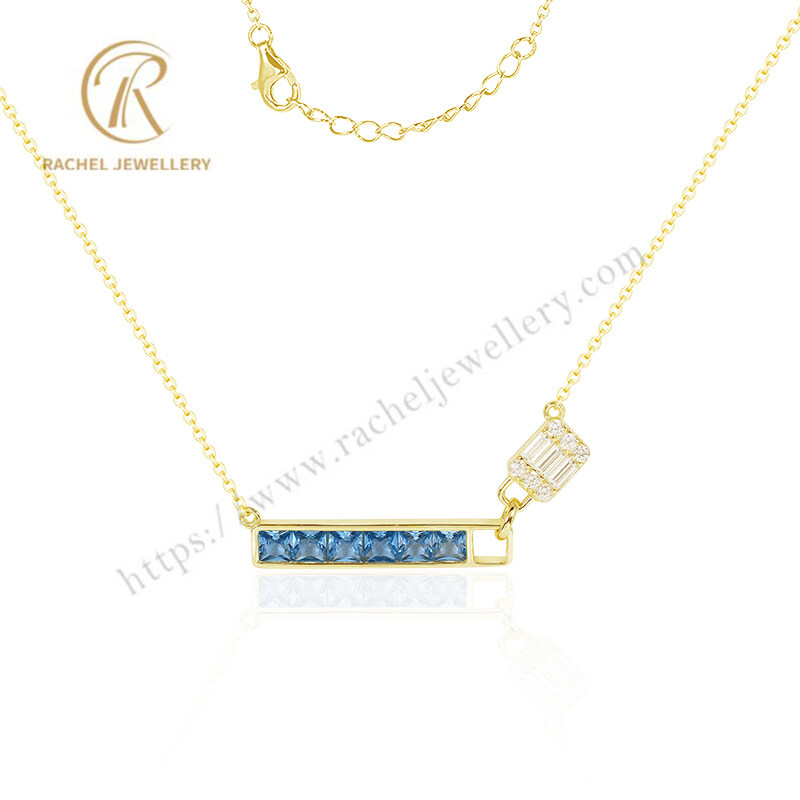 Luxury Jewellery Necklace Pure 925 Sterling Silver Bar Sky Blue Topaz CZ Necklack 14K/18K Gold Plated For Women Jewellery