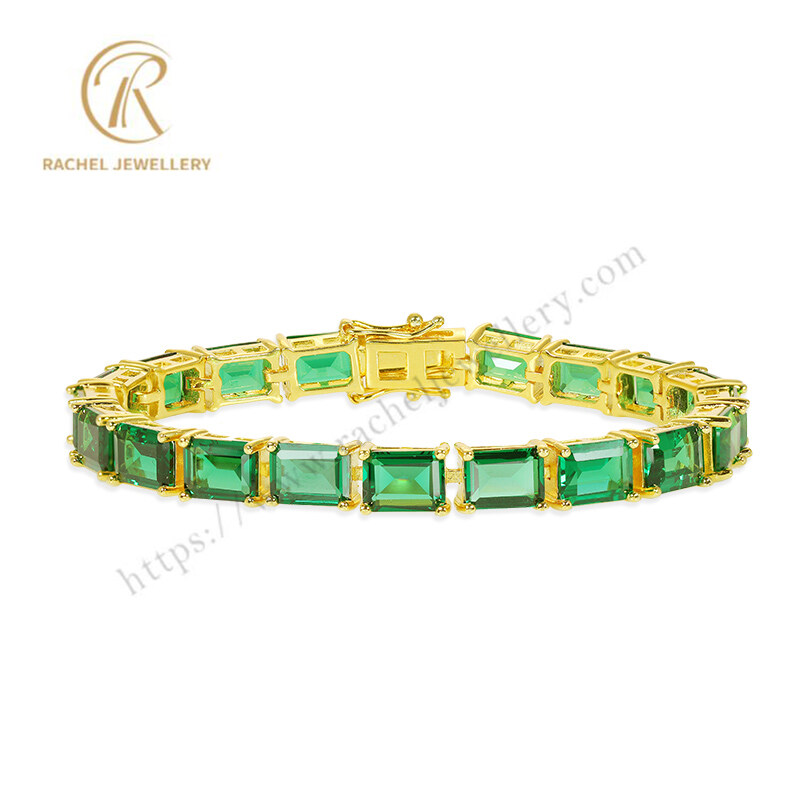 Emerald Green CZ Yellow Gold Plated Sterling Silver Wholesale Jewelry Tennis Bracelet