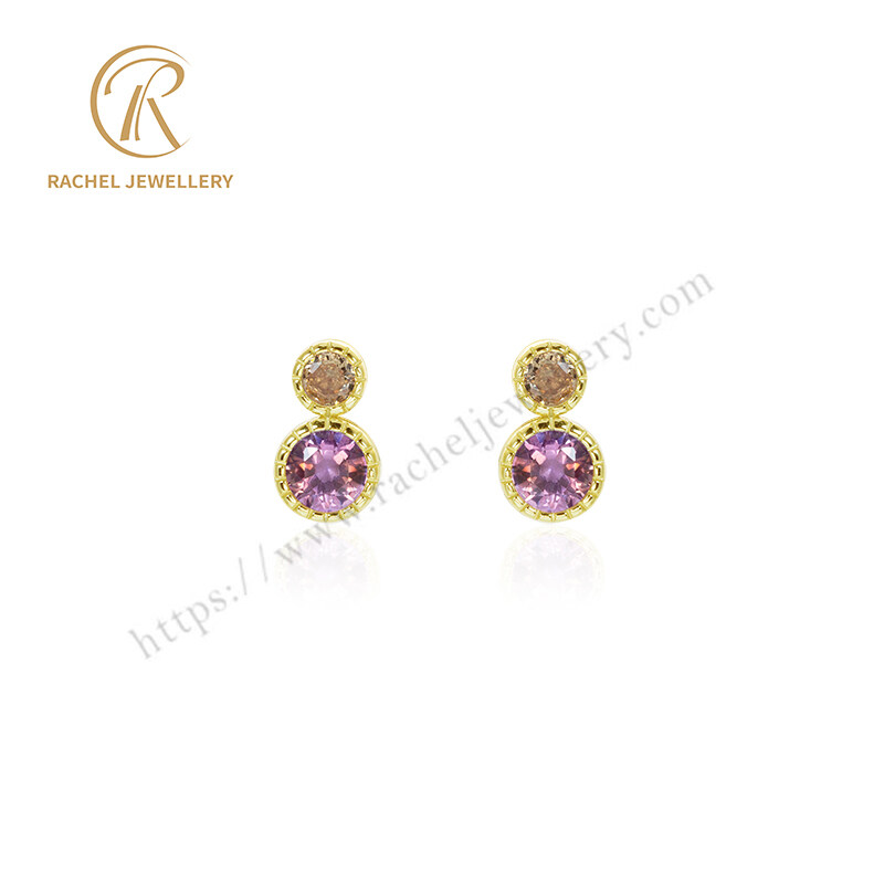 Color Custom Stone Ruby Dark Champagne Round CZ Fashion Jewelry Hot Sale Drop Earrings