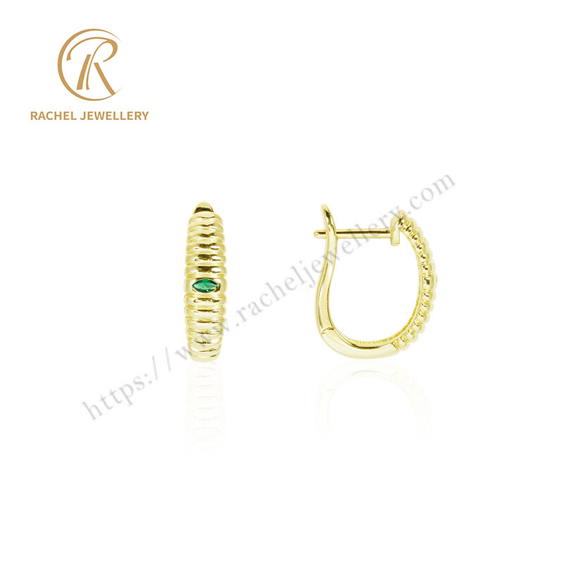 Yellow Gold Plated Jewelry Green Marquise Stone Hoop Simple Silver 925 Earrings for Wholesale