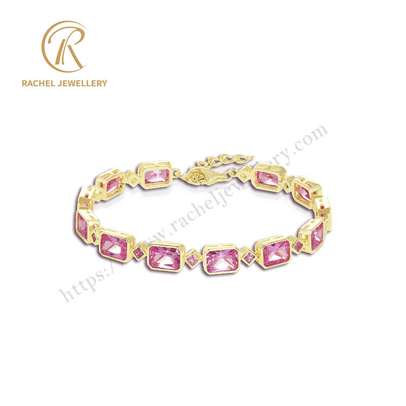 Gold-Plated Pink Gemstone Bracelet – Modern Geometric Style | Rachel Jewellery