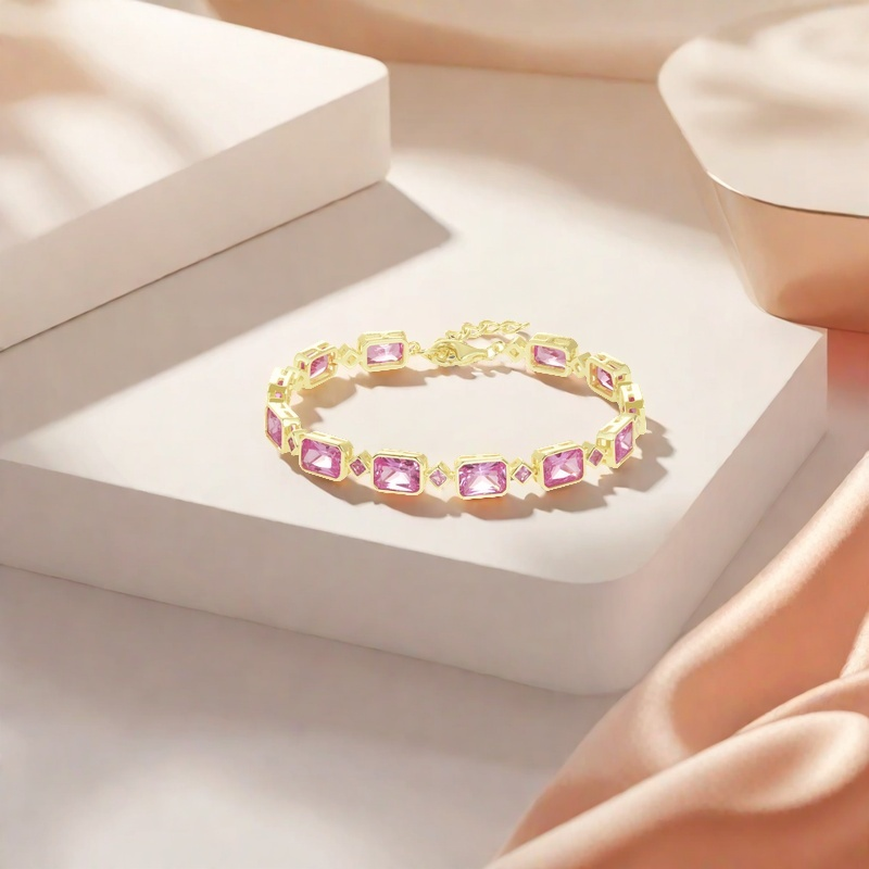 pink gemstone bracelet； gold plated bracelet；modern jewelry； pink crystal bracelet； luxury fashion bracelet； geometric bracelet； women’s bracelet； gift jewelry