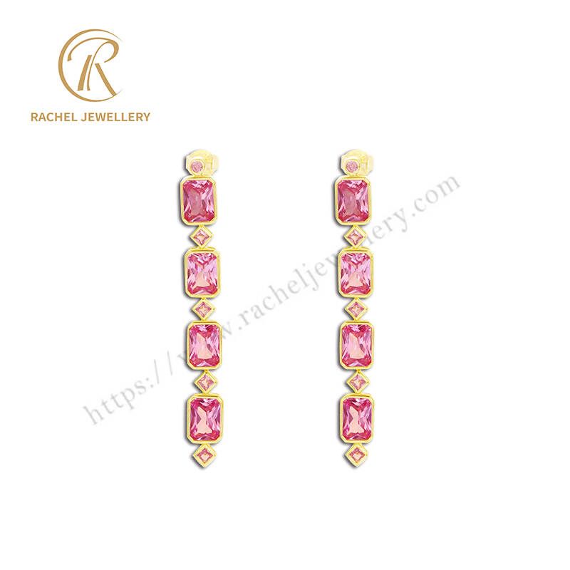 Gold-Plated Jewelry Set with Pink CZ Stones – Bracelet & Drop Earrings