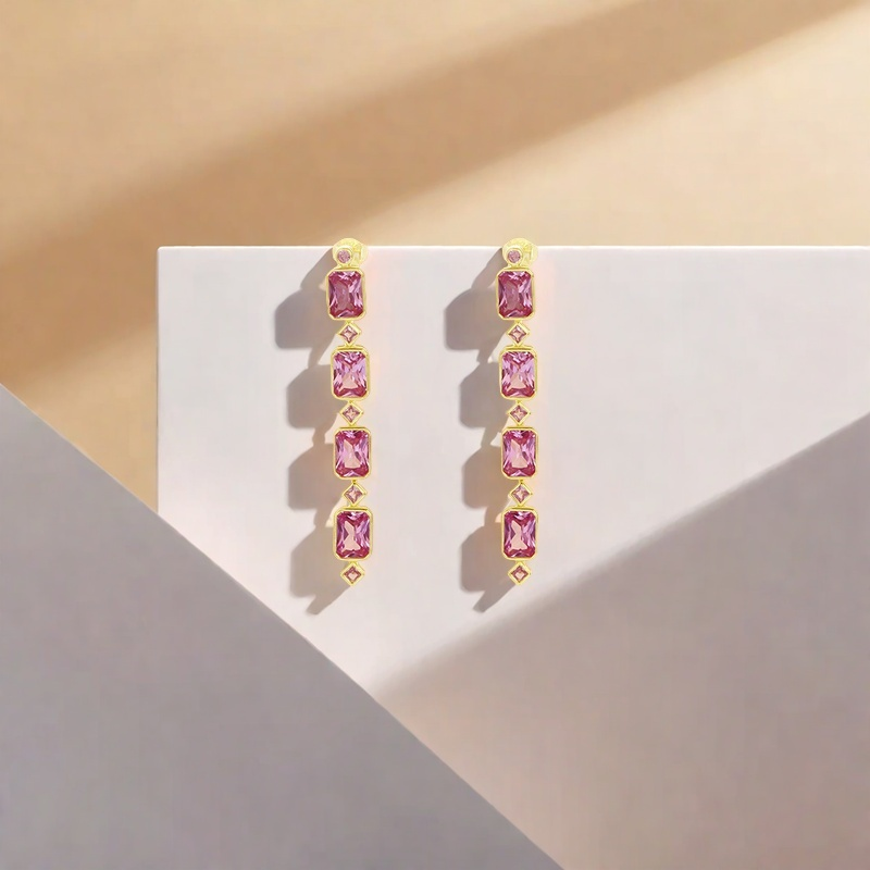 pink gemstone earrings； drop earrings；,gold plated earrings； long earrings； geometric jewelry； fashion earrings； pink crystal earrings； luxury earrings for women
