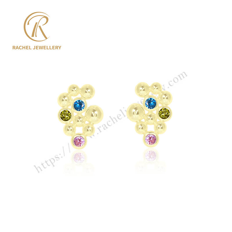 Gold-Plated Stud Earrings with Colorful CZ Stones – Bubble Style
