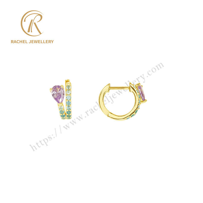Small Hoop Earrings with Purple Pear and Blue CZ – Spring Bloom Style