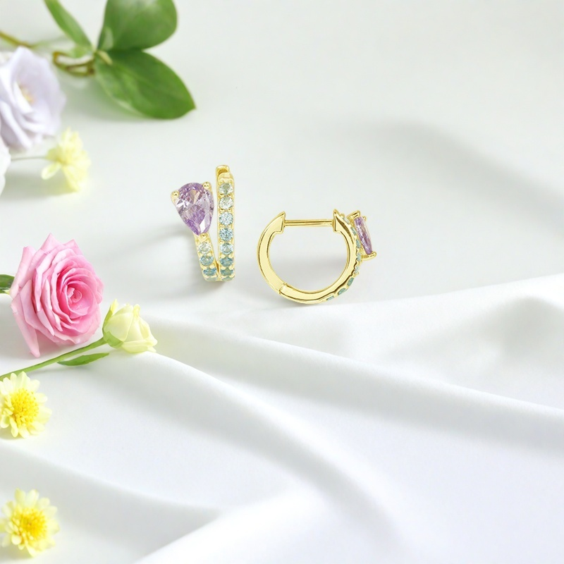 cz hoop earrings, purple stone earrings, blue cz earrings, pear cut earrings, small hoop earrings, dainty earrings, spring jewelry, pastel earrings, romantic jewelry, wholesale earrings