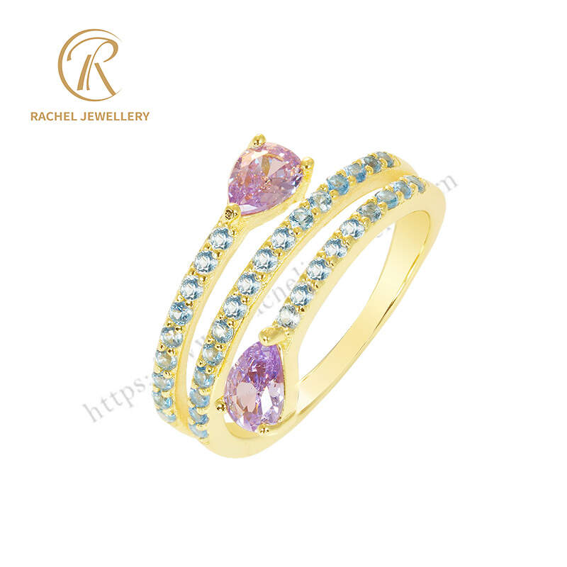 cz ring；open band ring； pink stone ring； pear cut ring； elegant women’s ring；minimalist jewelry； nature-inspired ring； romantic ring； spring jewelry； wholesale cz ring