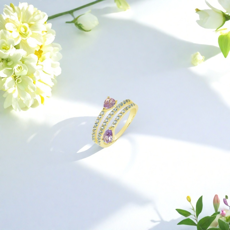 cz ring；open band ring； pink stone ring； pear cut ring； elegant women’s ring；minimalist jewelry； nature-inspired ring； romantic ring； spring jewelry； wholesale cz ring