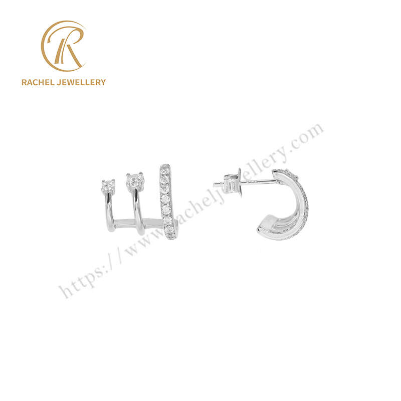 Triple Hoop 925 Silver CZ Earrings Set