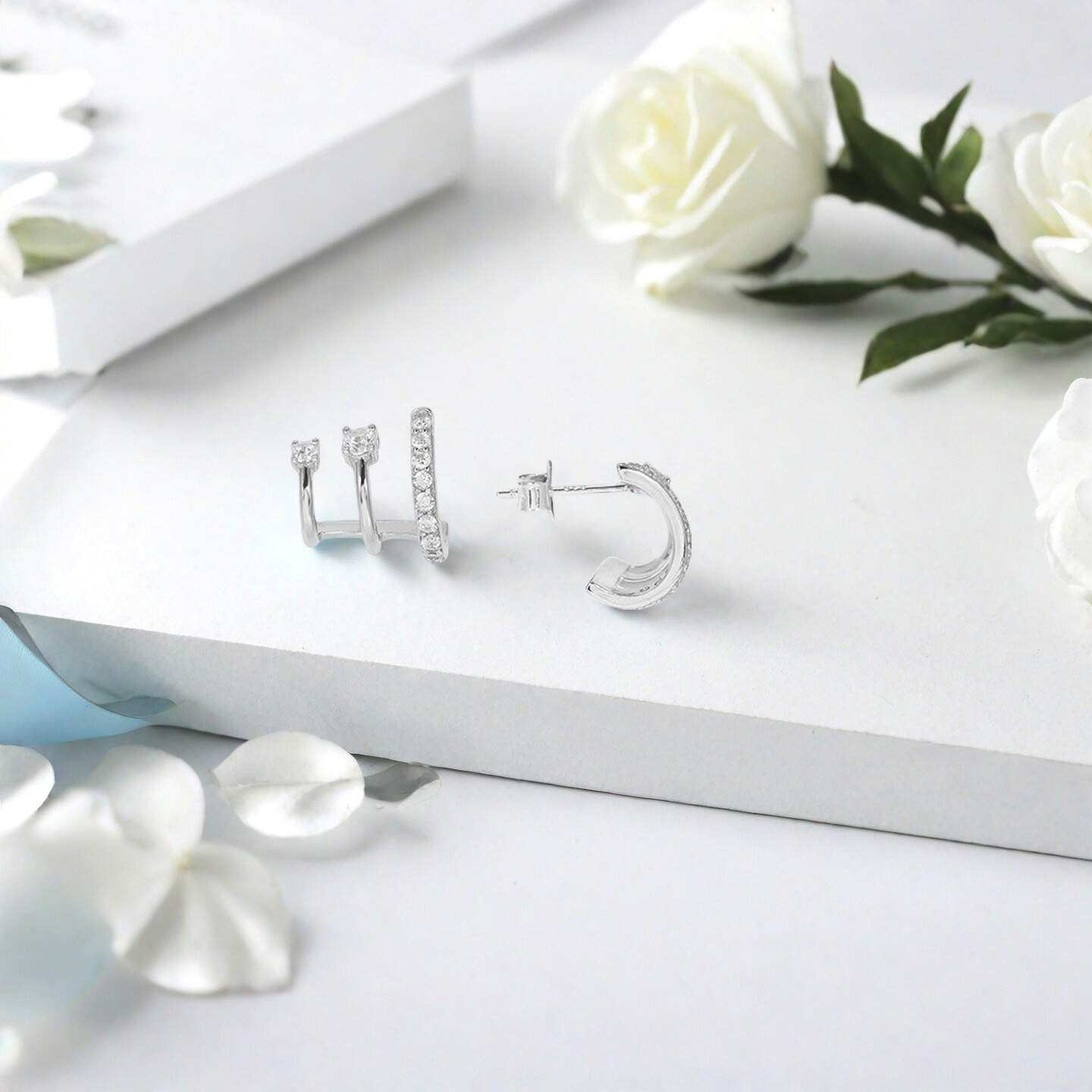 925 silver earrings； hoop earrings set； triple hoop earrings；minimalist earrings； fashion silver jewelry； cz earrings wholesale；stacking earrings； Rachel Jewellery