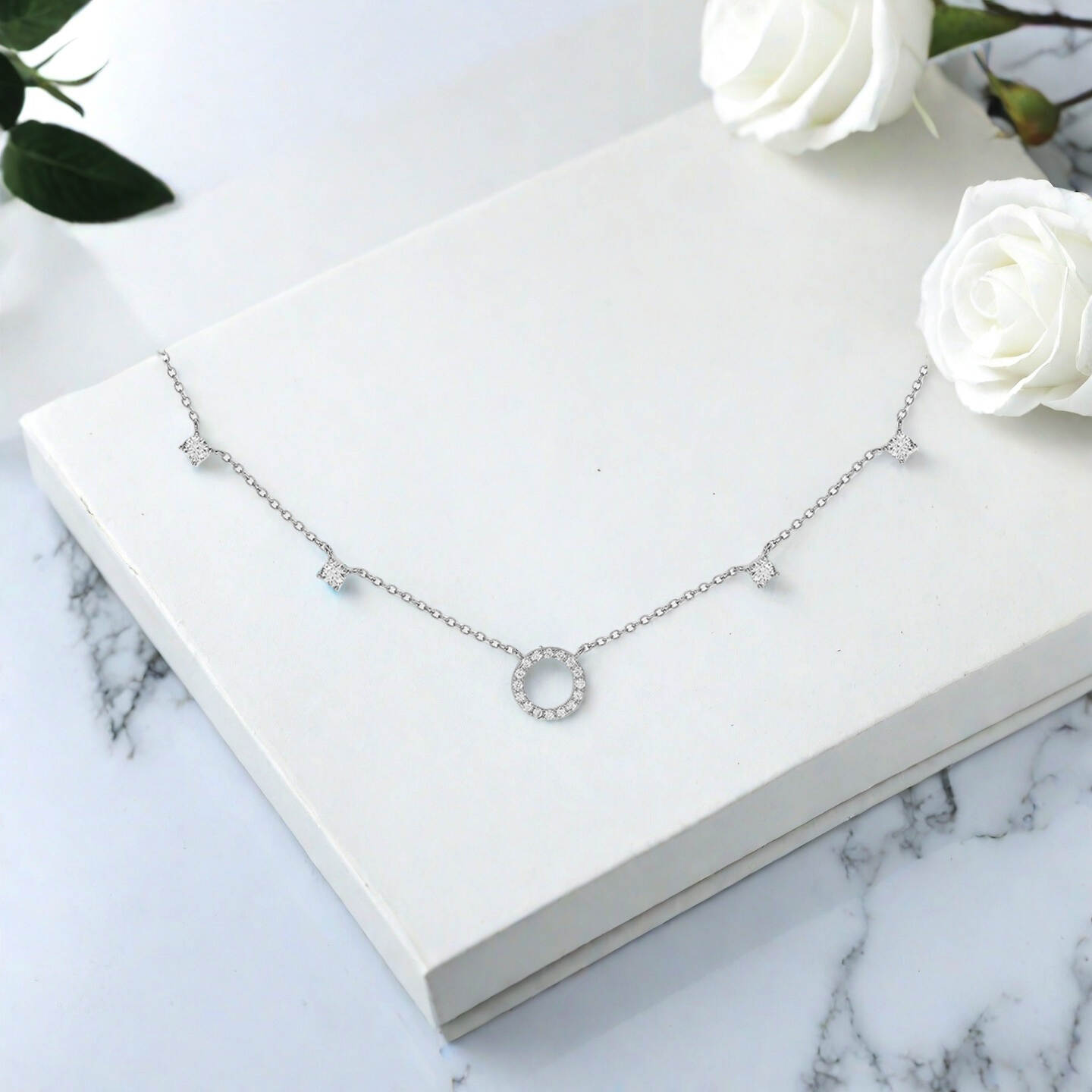 925 silver necklace； dainty silver necklace； cz pendant necklace； circle charm jewelry； star necklace； minimalist necklace； sterling silver chain； Rachel Jewellery