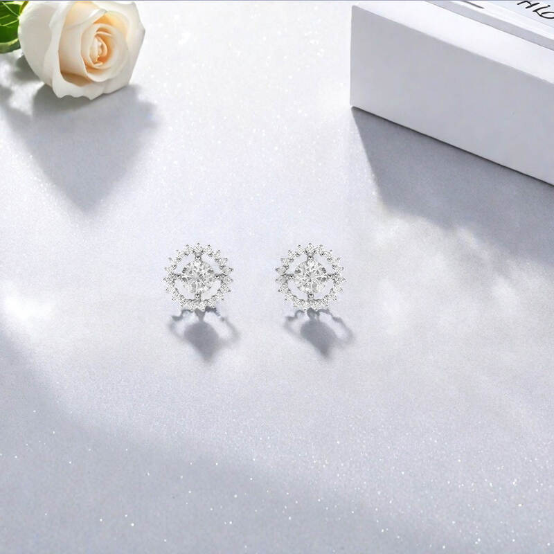 CZ stud earrings； round cut earrings；halo stud earrings；rhodium plated earrings；wedding earrings； daily jewelry