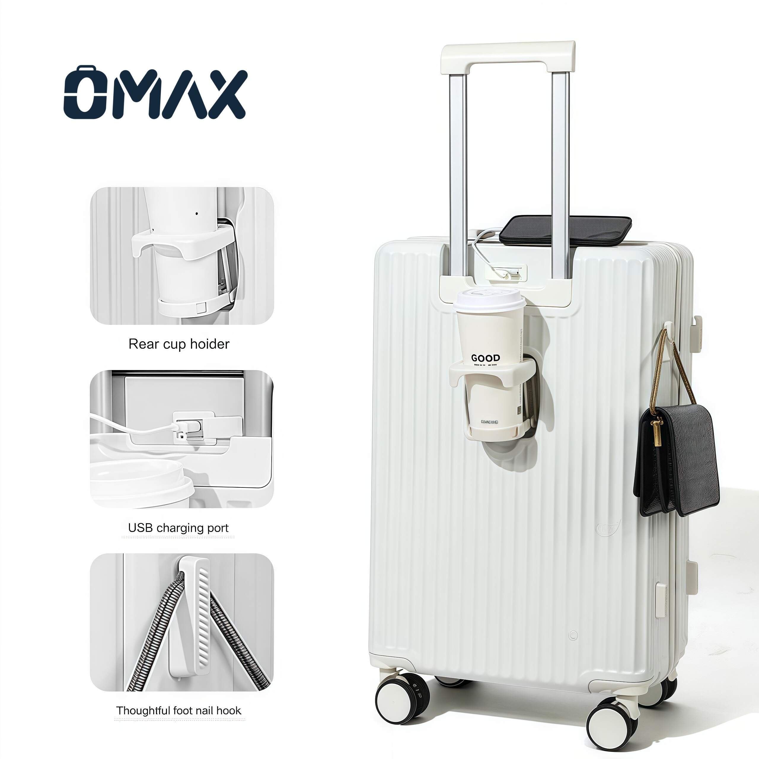 quiet spinner luggage, USB charging travel case, TSA-approved suitcase set, ABS hardside luggage, multifunctional spinner wheels, travel luggage with cup holder, lightweight suitcase with password lock, durable travel luggage sets, business leisure suitcase, waterproof luggage sets