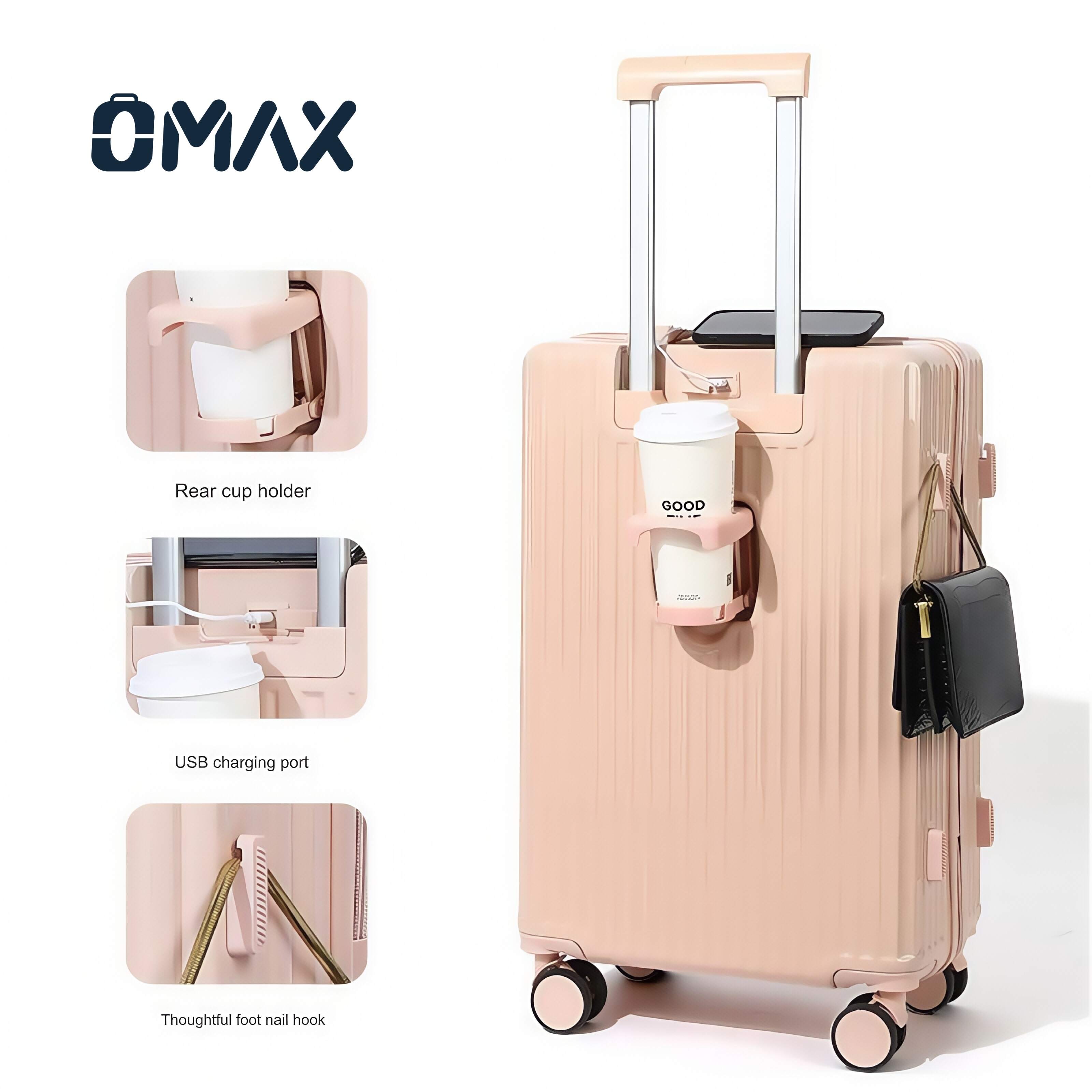 OMAX Three-in-One Quiet Spinner Luggage with USB Charging Port, Cup Holder & TSA Lock | ABS Travel Suitcase Set