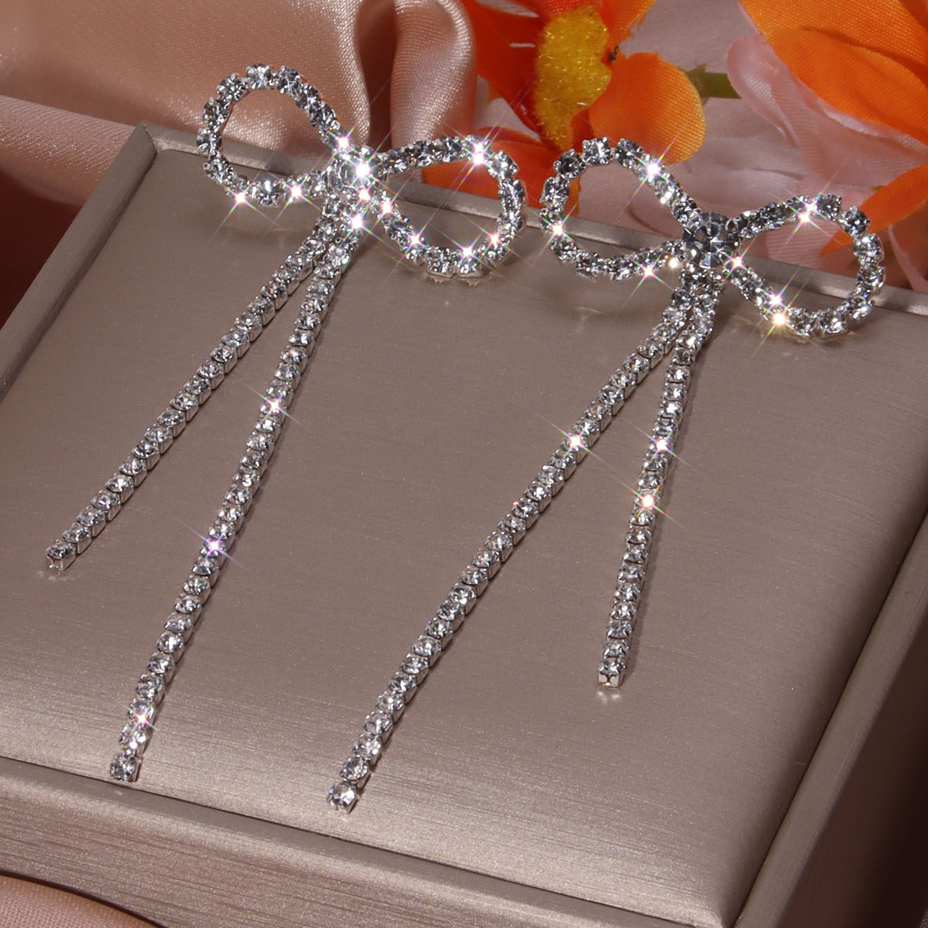 Rhinestone Bow Drop Earrings