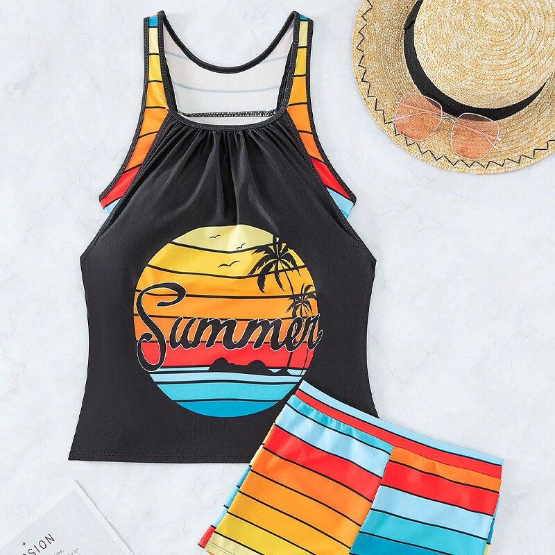 Striped & Tropical Print Bikini Swimsuit