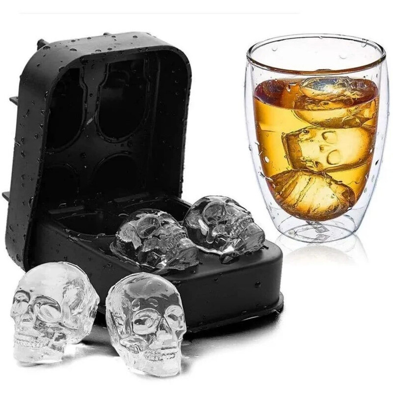 Halloween 1pc 3D Skull Silicone Ice Cube Mold, 4-Cavity DIY Skull Ice Maker,Ice Cube Tray