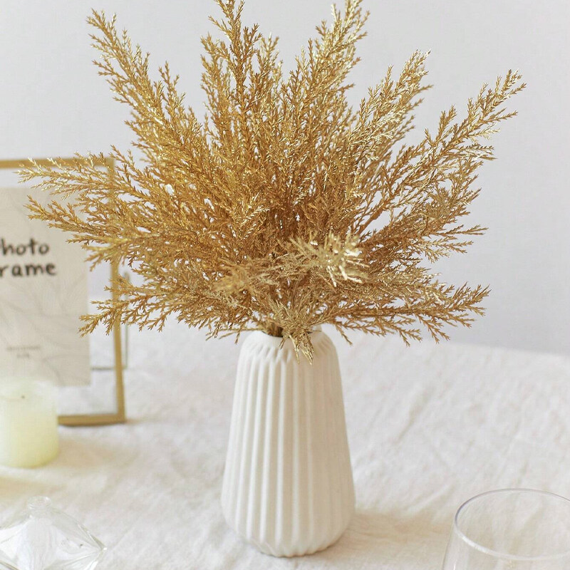 2pcs Artificial Gold Glitter Rime Fake Plants Golden Plastic LeafPlant Bushes For Indoor Outdoor Party Wedding Table  DIY Decor