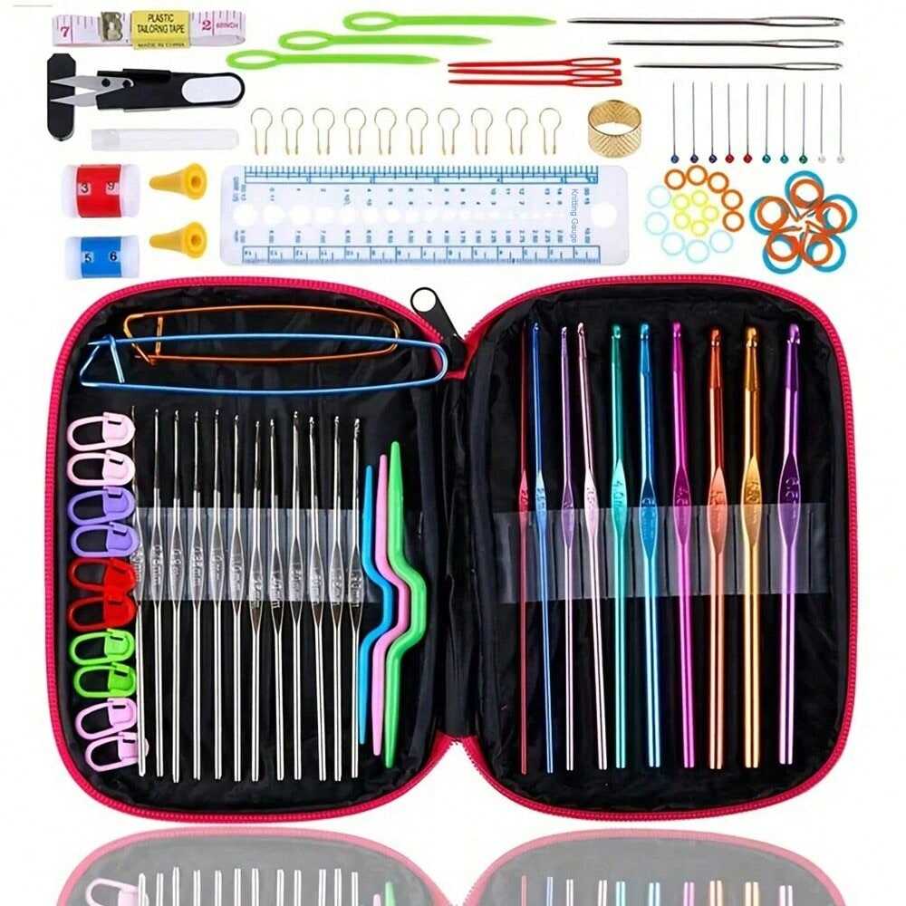 100pcs Metal Crochet Hook Set, Assortment Of Colored Aluminum Knitting Needles And Various Tools