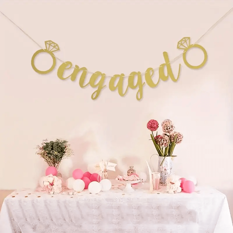 Golden Engagement Banner, Diamond Ring Design, Elegant Paper Garland