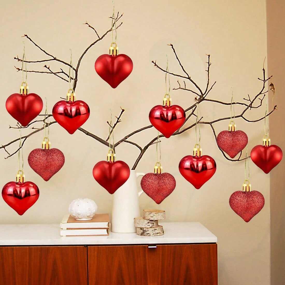 Heart Ornaments Set, Multi-Finish Baubles for Valentine's Day Decor