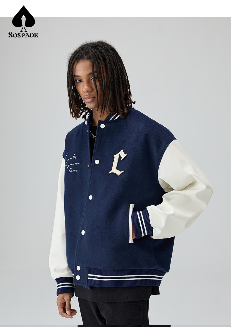 Retro Towel Embroidered C Letter Baseball Jacket Unisex American Streetwear Bomber Jacket Blue