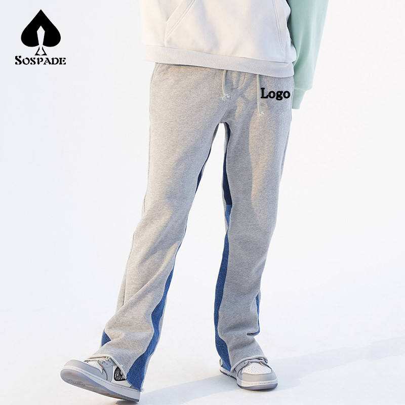 Custom Logo Casual Men Flared Jogger Track Pants Patchwork Elastic Waistband Mens Stacked Sweatpants