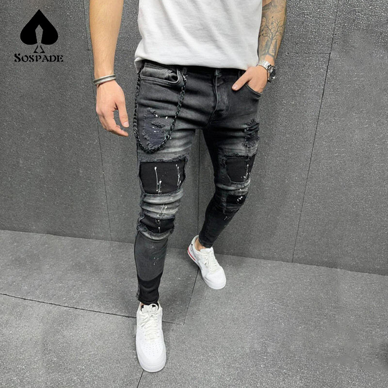 Men Skinny Streetwear Ripped Small Feet Jeans Hip-hop Pomo Printed Hole Destroyed Slim Stretch Casual Denim Pants