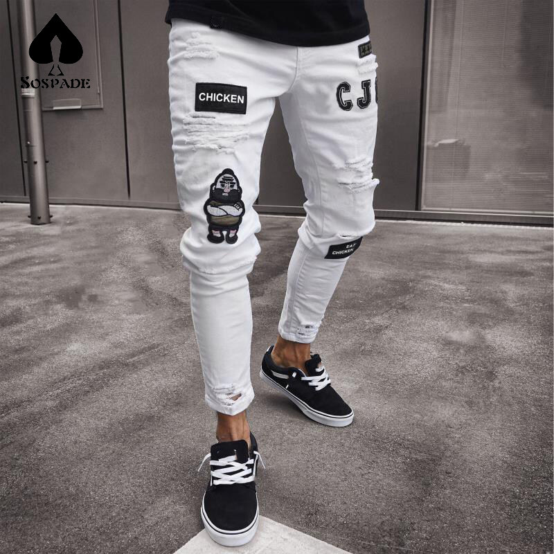 High Quality And Fashionable Hip-hop Pants With Embroidered Holes And Badges,Slim Fitting Jeans For Men